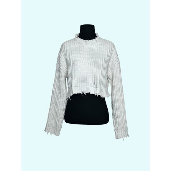 Forever 21 off white long sleeves semi distressed cropped sweater size Small - Picture 4 of 9